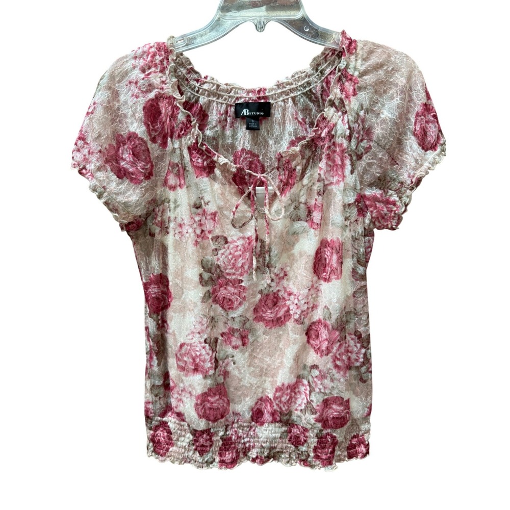 Y2K 90's AB Studio Women's Floral Lace Sheer Top Short Sleeve Coquette VTG